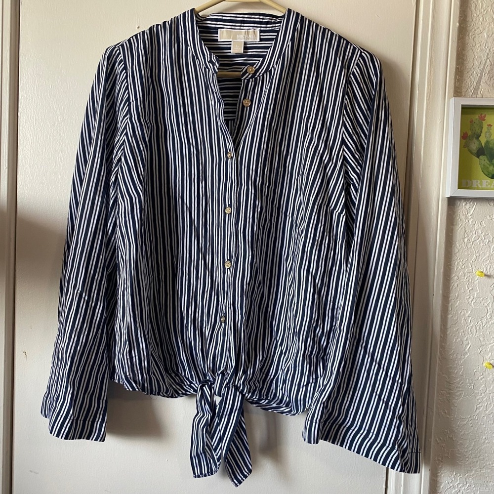 Michael Kors Striped Tie Front Top Button Down Shirt M black white blouse office
